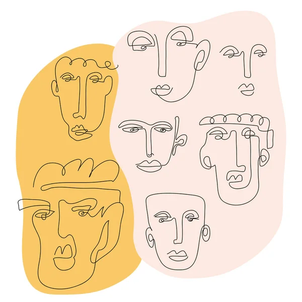 Conjunto de cinco cara abstracta de una línea de dibujo. Retrato de estilo minimalista. Fino dibujo de una línea cara abstracta. Una línea dibujando caras abstractas. Arte de línea continua moderna — Archivo Imágenes Vectoriales