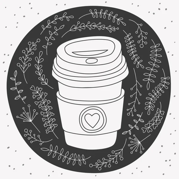 Vector handgezeichnete Papier-Kaffee-to-go-Tasse mit Herz-Symbol auf Halter. Schwarze runde Form mit Punkten. Illustration von Blumen, Beeren, Zweigen. Gut für Schaufenster, Café-Speisekarte und Werbung — Stockvektor