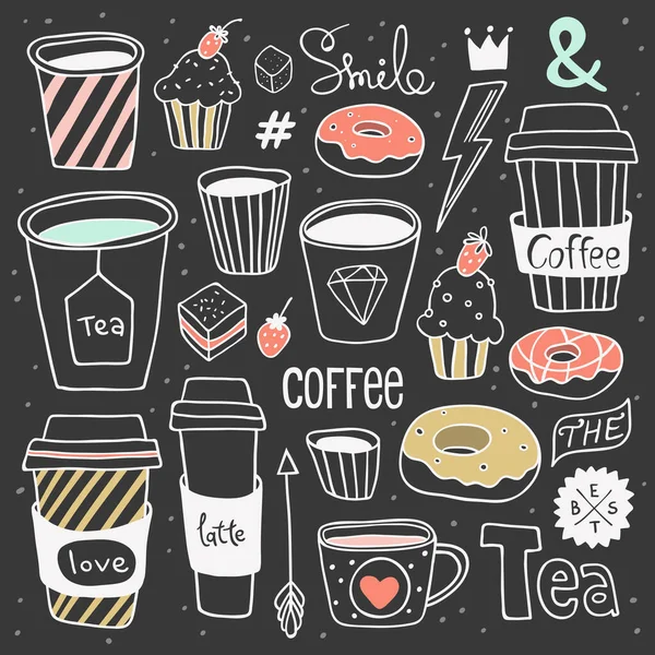 Vektorová ručně kreslená káva a cukroví sbírka. Papírové šálky na kávu a čaj, koblihy, cupcakes, roztomilé prvky. Slouží pro návrh menu, pozadí webové stránky, plakát, přání k narozeninám, povrchová textura — Stockový vektor