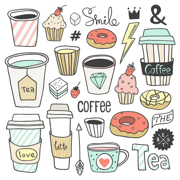 Collezione di caffè e dolci disegnati a mano vettoriale. Caffè di carta e tazze da tè, ciambelle, cupcake, elementi carini. Utilizzare per la progettazione del menu, sfondo della pagina web, poster, biglietto di compleanno, texture superficiale — Vettoriale Stock