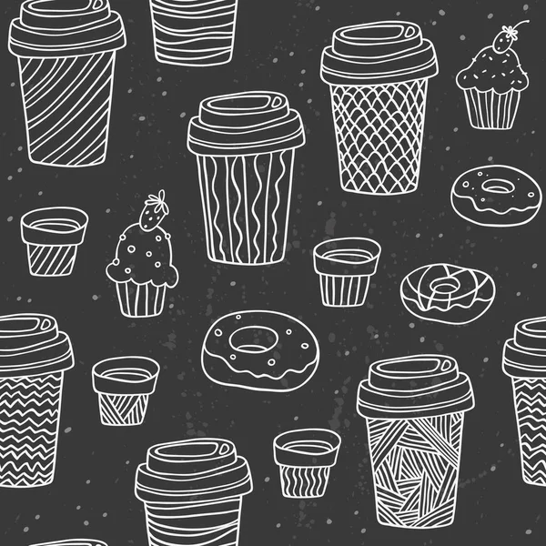 Padrão sem costura vetorial com copos de café de plástico e papel desenhados à mão, donuts e cupcakes. Chalkboard design conceito. Elementos de pequeno almoço. Bom para design de página web, textura de menu, fundo de superfície. — Vetor de Stock