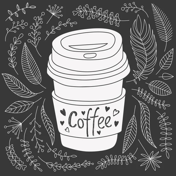 Vektor handritat papper kaffe för att gå kopp med hjärtsymbol på hållaren. Svart rund form med prickar. Illustration av blommor, bär, kvistar. Bra för skyltfönster, cafémeny och reklam — Stock vektor