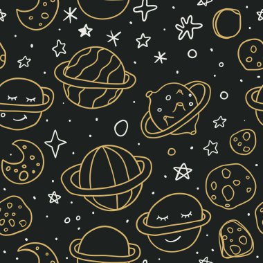 Elle çizilmiş uzay elementleri, gezegenler, yıldızlar ve diğer elementlerle vektörsüz desen. 