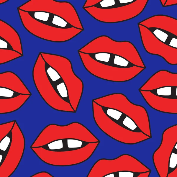 Patrón sin costuras vectorial con labios rojos sexy en el fondo de contraste. Concepto de moda. Estampado de tela de moda. Uso para postales, papel pintado, relleno de patrones, fondo de página web, texturas superficiales. — Archivo Imágenes Vectoriales