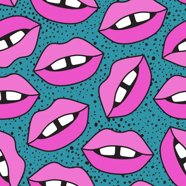 Vector naadloos patroon met sexy rode lippen op contrasterende achtergrond. Modeconcept. Trendy stofprint. Gebruik voor ansichtkaart, behang, patroon vullingen, web pagina achtergrond, oppervlakte texturen. — Stockvector