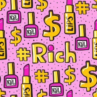 El çizimi pop sanat çıkartmaları olan kusursuz bir model. Altın kutuda ruj, pembe oje şişesi, altın dolar işareti, sarı etiket, siyah noktalar. Lüks ve çizgi film.