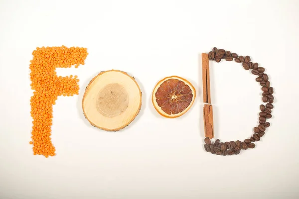 the inscription of foods on a white background