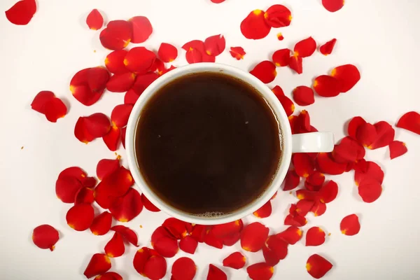 bright roses and coffee stands on the table