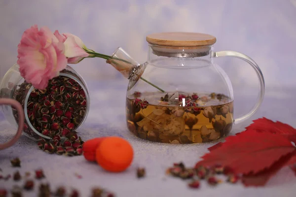 tea from rose petals in bags is on the table