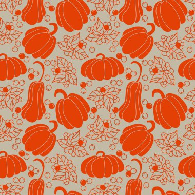 Yaprak ve böğürtlenli balkabakları sonbaharda dikişsiz karalama desenli vektör çizimi