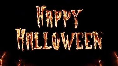 Cadılar Bayramı animasyonu, yanan ateşli Mutlu Cadılar Bayramı metni ile karanlık arka plan, mevsimlik videolar, tanıtımlar ve kutlama klipleri için harika