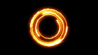 Parlak turuncu alevler içinde koyu siyah bir arkaplana karşı parlayan ateşli dairesel çizgilere sahip dinamik ve soyut bir tasarımın kusursuz döngü animasyonu.