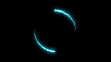 Karanlık bir arkaplanda dinamik olarak dönen iki parlak dairesel enerji çizgisi fütüristik bir bilim kurgu ışık efekti animasyonu yaratıyor..