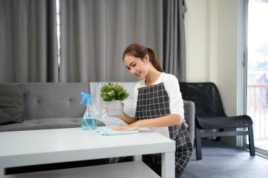 Bir kadın oturma odasında üzerinde bitki olan bir masayı temizliyor. Önlük takıyor ve gülümsüyor.