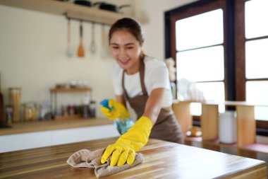 Bir kadın mutfak tezgahını sprey şişesi ve bez parçasıyla temizliyor. Önlük ve eldiven giyiyor..