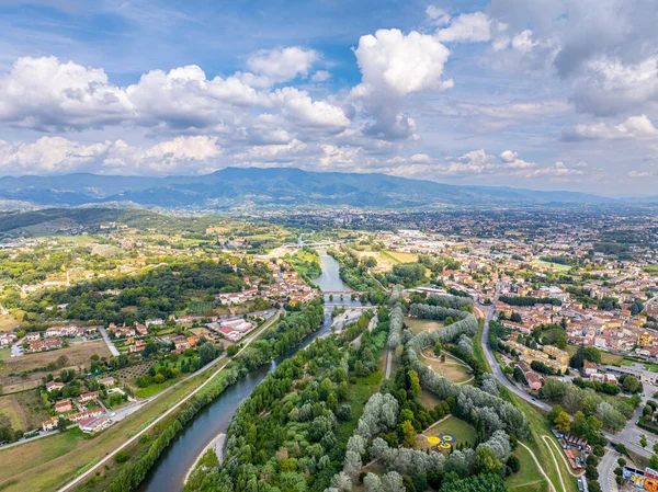 Lucca Tuscany beautiful aerial panorama of the city in Italy. High quality photo Europe, drone view Clouds at sky. Scenic shot ot land around the city
