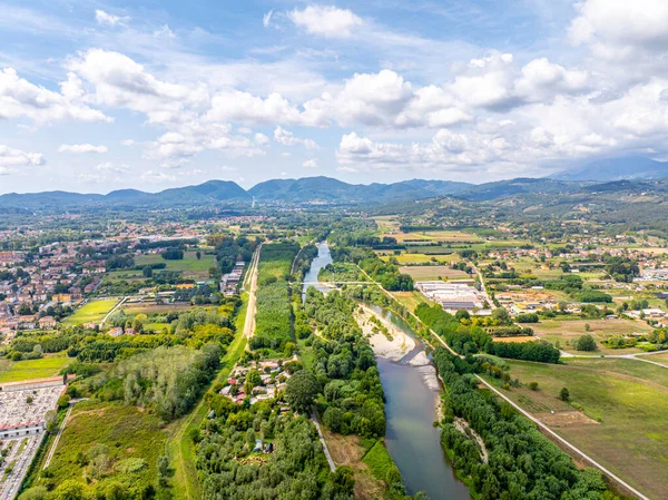 Lucca Tuscany beautiful aerial panorama of the city in Italy. High quality photo Europe, drone view Clouds at sky. Scenic shot ot land around the city