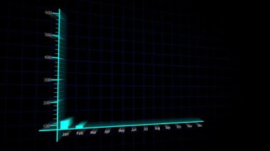 Yükselen finansal bar grafik animasyonu. İş analizleri ve başarı görselleştirme hareketi grafikleri. Canlandırılmış neon mavisi deniz mavisi bar grafiği. Pazarlama teknolojisi verileri.