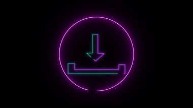 Neon indirme simgesi animasyonu. Dijital arayüz dizaynlı mor mavi parlayan daire. Fütürist bilim kurgu elementi. Dijital ve arayüz görselleri için parlayan neon indirme simgesi.