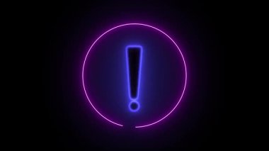 Fütürist dijital arayüz hareketi. Mor ve mavi neon alarm sembolü ve pürüzsüz bir halka. Kusursuz döngü uyarı işareti animasyonu. Teknoloji görselleri için neon parlayan ünlem işareti.
