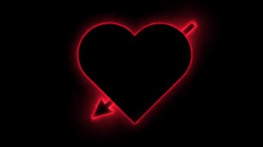 Kusursuz hareket grafikleri arka planı. Parlayan karanlık atmosferli kırmızı neon kalp sembolü. Kırmızı neon kalp delinmiş ok animasyonu. Karanlık arka planda parlayan aşk döngüsü.