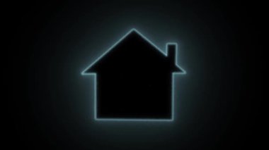 Işıldayan ev ikonu animasyonu. Dijital sanat tasarımı olan karanlık arkaplan soyut ev sembolü. Modern minimalist tasarım elementi. Giriş, çıkış ve başlık sıralaması için kusursuz döngü.
