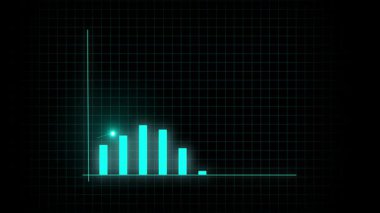 Siberpunk iş grafiği hareketi. Dijital finans ve teknolojik gelişim ekranı. Gelecekçi bar çizelgesi animasyonu. Parlayan neon mavisi verileri ve yenilik sunumu.