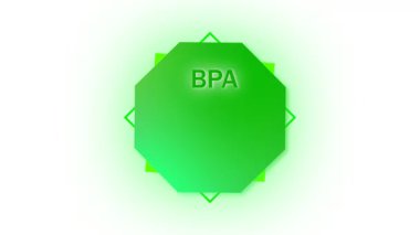 BPA serbest hareket grafiği. Doğadan esinlenilmiş yeşil logolu organik ürün sertifikası. Canlandırılmış BPA amblemi. Sağlık bilinci ve doğal ürünler için yeşil sertifika.