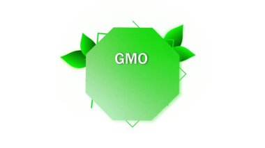 Yeşil GDO serbest amblem hareketi grafiği. Vejetaryen ve vejetaryen sağlıklı yaşam tarzı damgası. GDO 'suz rozet animasyonu. Temiz yemek ve sürdürülebilir tarım için çevre dostu etiket.