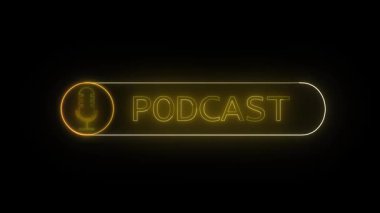 Medya ve teknoloji için sarı altın mikrofonlu çevrimiçi podcast animasyonu. Parlayan neon mikrofonu ve soyut arkaplanı olan dijital ses içeriği oluşturucu girişi.