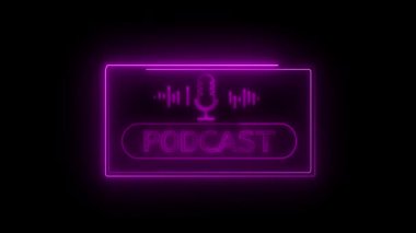 Modern arayüz tasarımı için mor neon mikrofon ve ses dalgalarıyla dijital medya animasyonu. Podcast arayüzü ve giriş geçiş için parlayan mikrofon ve ses dalgalarının animasyonu.