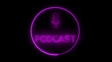 Radyo programı tanıtımları için parlak mor daireli modern teknoloji tasarım elemanı. Mor neon podcast parlayan daire ve mikrofon simgesi ile giriş animasyonu.