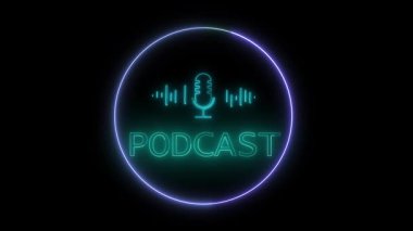 Animasyon ses dalgaları ve dijital yayın ve podcast markalaşma için parlayan daire. YouTubers için neon mikrofon ve soyut arkaplan içeren modern teknoloji podcast girişi.