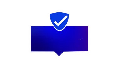 Onaylanmış animasyon hareketi grafikleri. Mavi kalkan işaretleri başarıyı onaylıyor. Dijital ekran grafik animasyonu. Şirket onaylı mühür, kalite garantili..