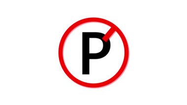 Park levhası olmayan yüksek kalite hareket grafiği. Kentsel trafik düzenlemeleri ve güvenlik uyarıları için siyah P sembollü kırmızı daire.