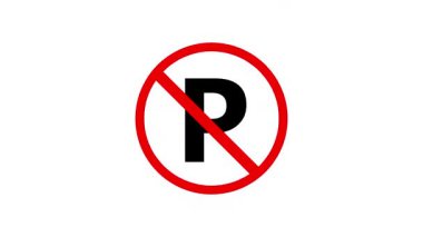 Kırmızı daire ve siyah P. ile park işareti olmayan temiz döngü animasyonu yol güvenliği, şehir ulaşımı ve yayın uyarıları için ideal..