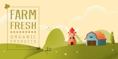 Yatay çiftlik alan doğa manzara ve bir köy bir tepede vektör doku stil konsept illüstrasyon.