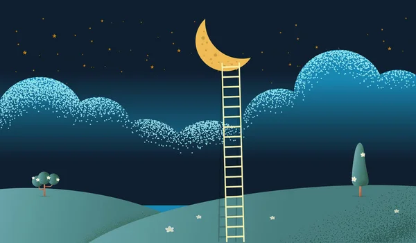 Gece sahne karşı aya kadar ulaşan bir merdiven güzel dikey doğa manzara, çerçeve ve metin üzerinde sky için yer arka plan vektör doku stil konsept illüstrasyon.