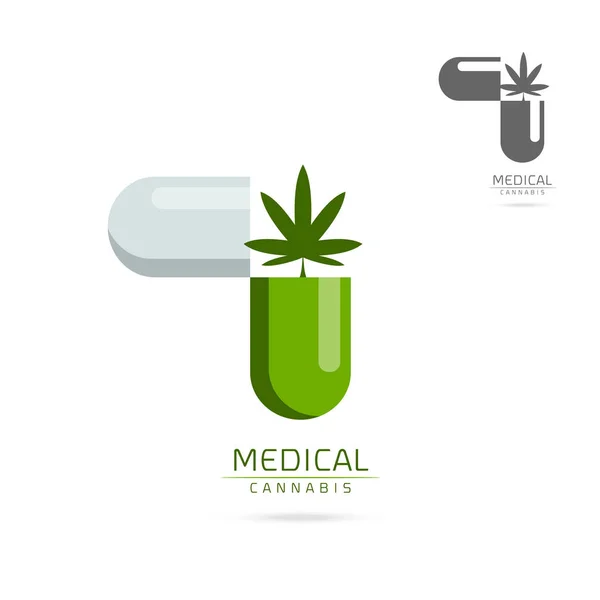 药用大麻在绿色胶囊标志 徽标设置矢量模板 — 图库矢量图片