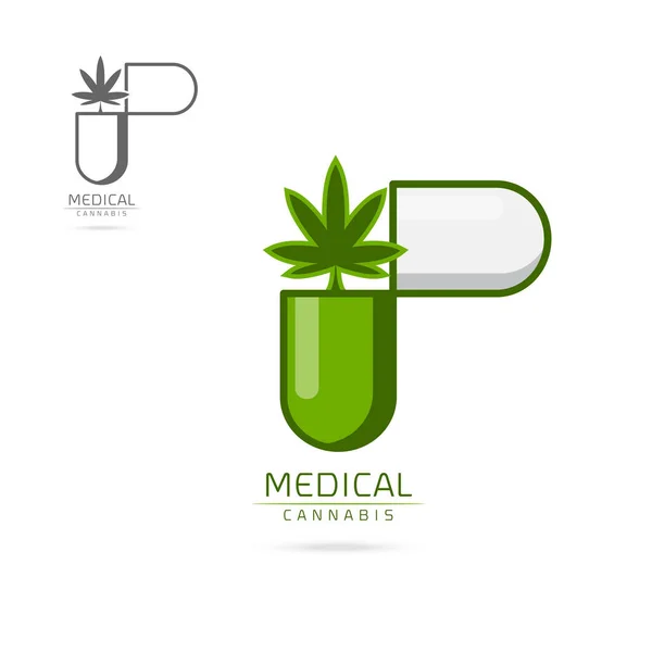 Medical Cannabis Dalam Emblem Kapsul Hijau Label Logo Set Template - Stok Vektor