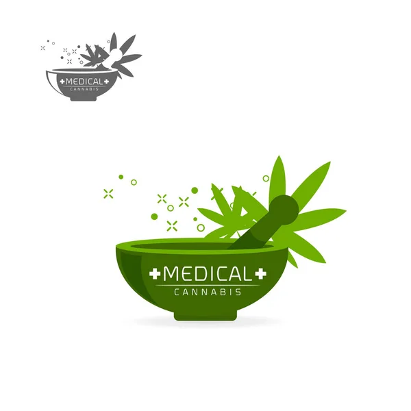 医用大麻在绿色磨床标志 标志设置在白色背景向量插图模板 — 图库矢量图片