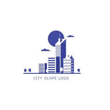 Modern cityscape logosu mavi ve beyaz renk, Mimarlık, yapı, bina simgesi beyaz arka plan vektör illüstrasyon izole
