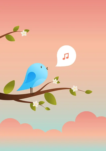 Pájaro Primavera Árbol Cantando Canciones Las Notas Musicales Personaje Dibujos — Vector de stock