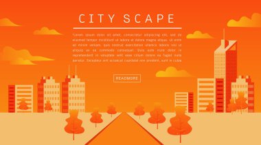 Yol güzel şehir parkı yatay doğa manzara turuncu tonu doğal peyzaj düz modern doğrusal stil vektör düz stil konsept illüstrasyon.