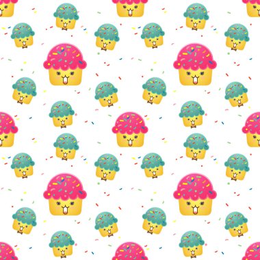 Dikişsiz desen beyaz arka plan üzerinde farklı kekler. şirin Cupcake arka plan. Düğün, Doğum günü, tebrik kartları, web, baskı için tatlı şablon. Vektör çizim.