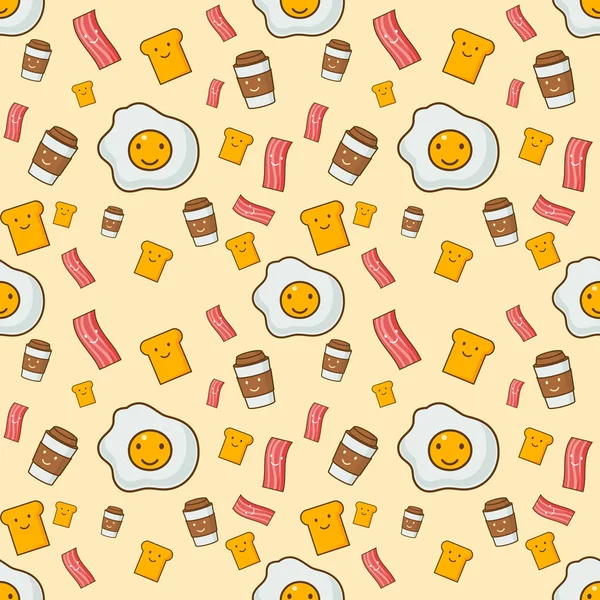 ベクトル朝親友朝食スクランブルエッグ トーストとベーコンのシームレス パターンです 黄色の背景の漫画イラスト — ストックベクタ