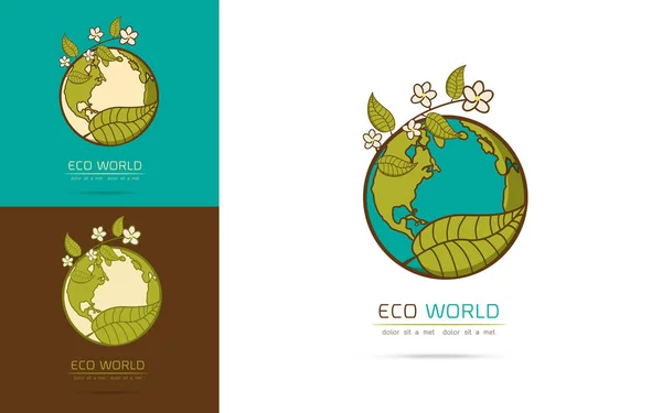 Conjunto Ilustración Vectorial Una Combinación Logotipo Tierra Hoja Planeta Eco — Vector de stock