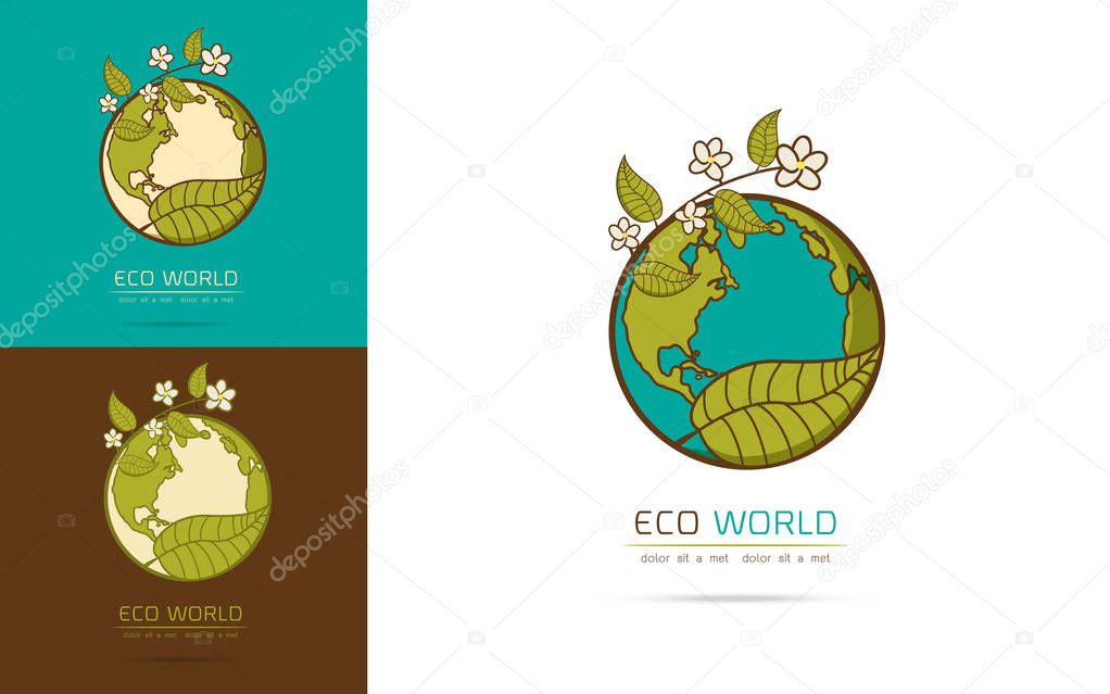 Set of vector illustration of a earth and leaf logo combination. Planet and eco symbol or icon. Unique global and natural, organic logotype design template