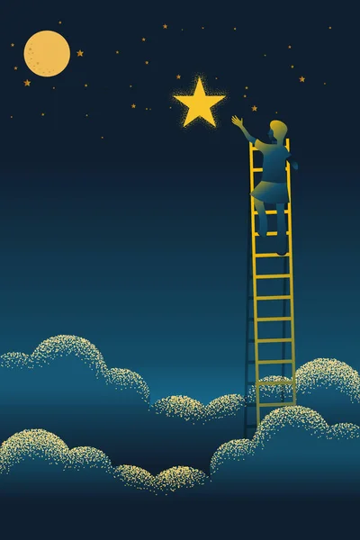 Kadın karşı Star'da gece sahne ulaşmak kadar ulaşan bir merdiven üzerinde güzel dikey doğa manzara, çerçeve ve metin üzerinde sky için yer arka plan vektör doku stil konsept illüstrasyon
