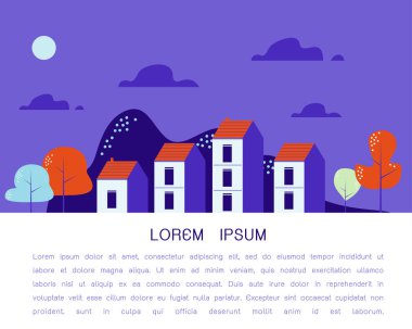 Güzel rahat şehir, ağaçlar, doğa manzara, köy kırsal sahne, gayrimenkul geliştirme, modern düz tasarım vektör çizim ile hill tarafından evlerin satır